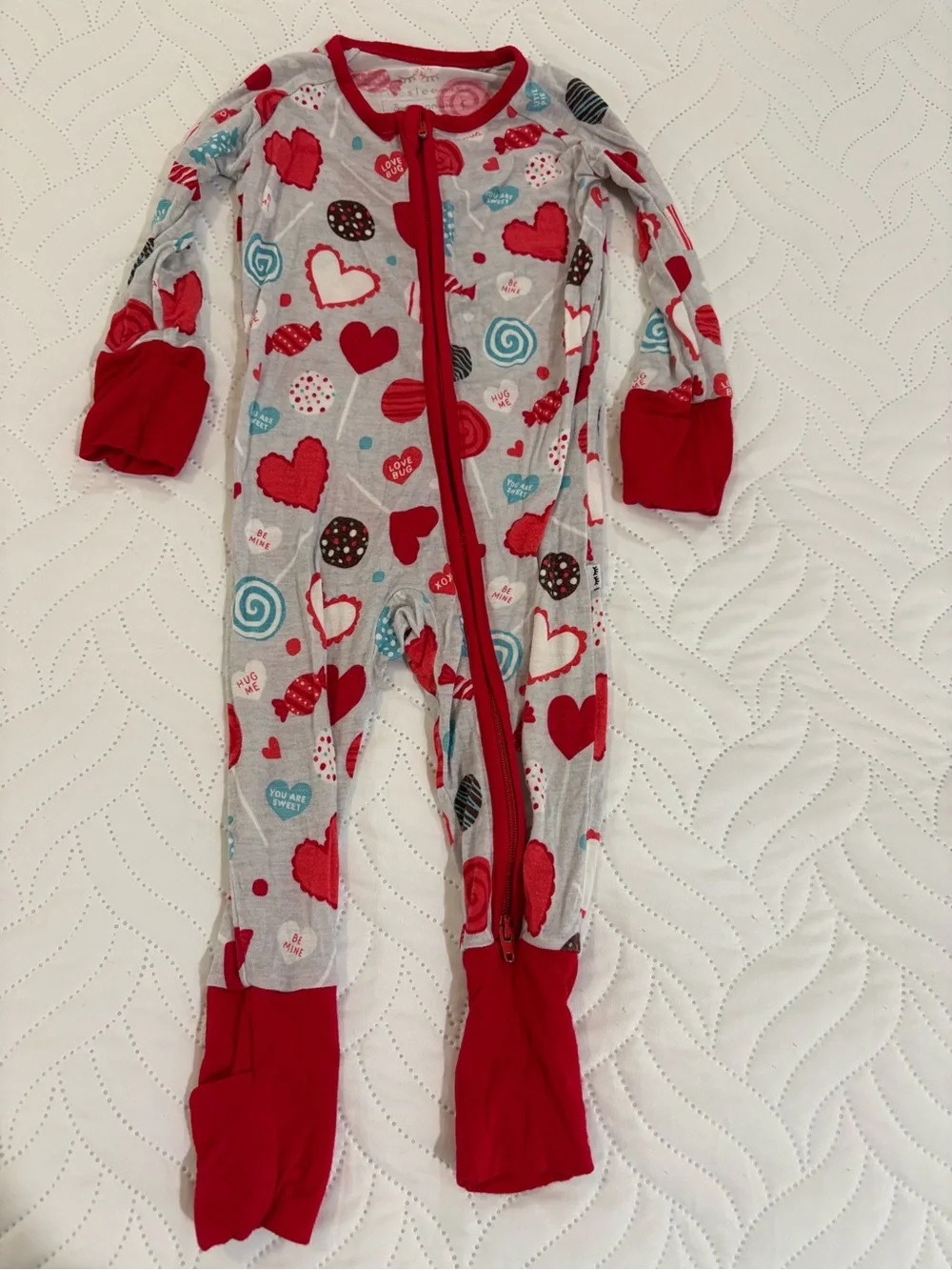 Little Sleepies Gray Footie with Red Heart and Candy Print